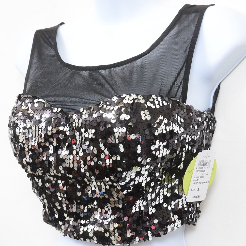 NWT Windsor Black‎ Silver Sequins Cropped Bustier Tank Sexy Glam Club Size 3